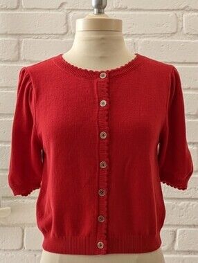 Miou Muse Cherry Red Puff-Sleeve Cardigan - Size S